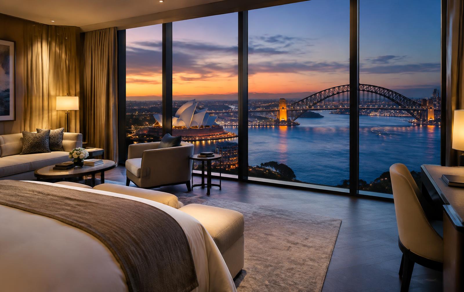 Vue sur l'Opéra de Sydney depuis une suite au crépuscule