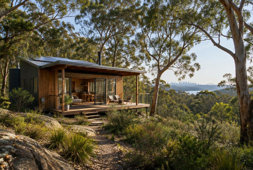 Cabane en bois au milieu de la forêt d'eucalyptus au nord de Sydney