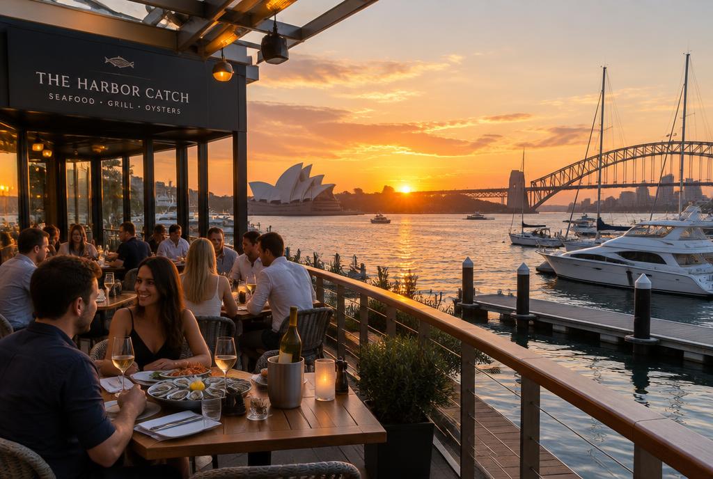 Terrasse de restaurant au bord de l'eau à Rose Bay avec hydravions
