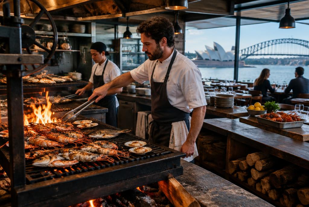 Cuisinier devant un grill à bois dans un restaurant sombre de Surry Hills
