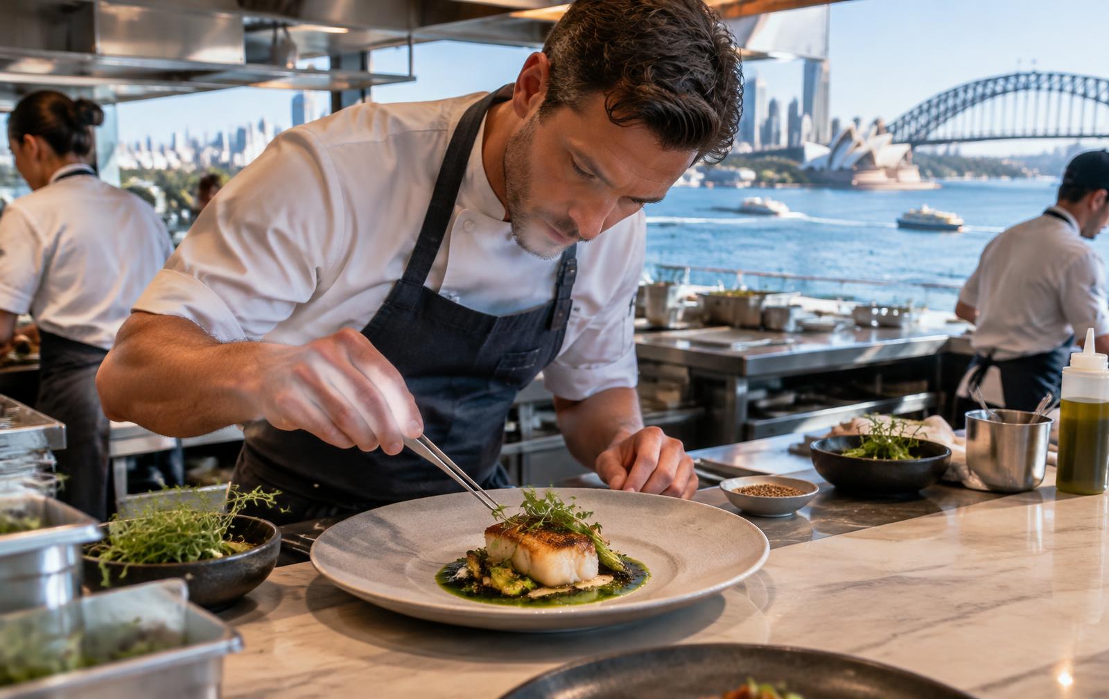 Dressage d'une assiette dans une cuisine ouverte à Sydney