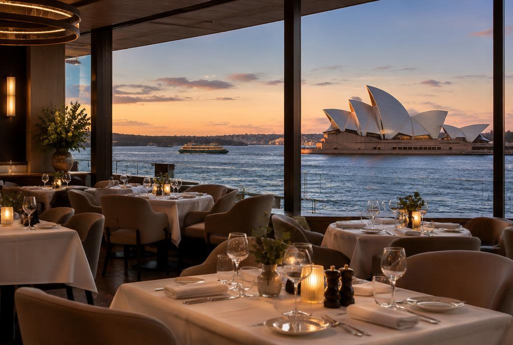 Salle vitrée du restaurant Quay face à l'Opéra de Sydney