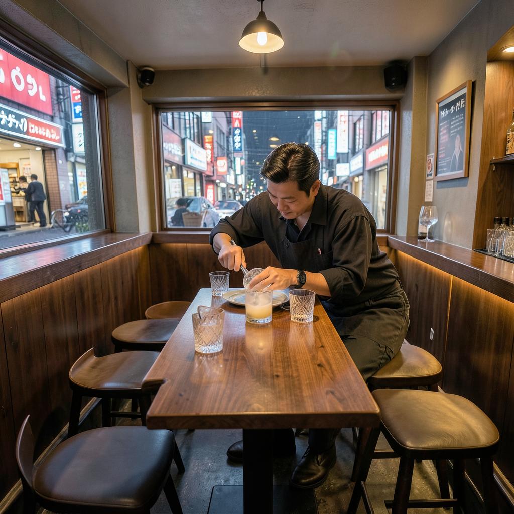 Comptoir du Bar High Five à Ginza Tokyo, verres en cristal et glace taillée à la main
