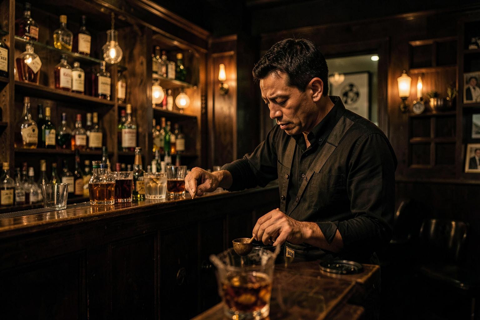 Barman tokyoïte préparant un cocktail dans un bar caché