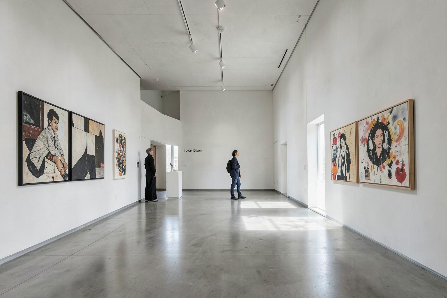 Salle d'exposition contemporaine à Tokyo, visiteurs devant des œuvres