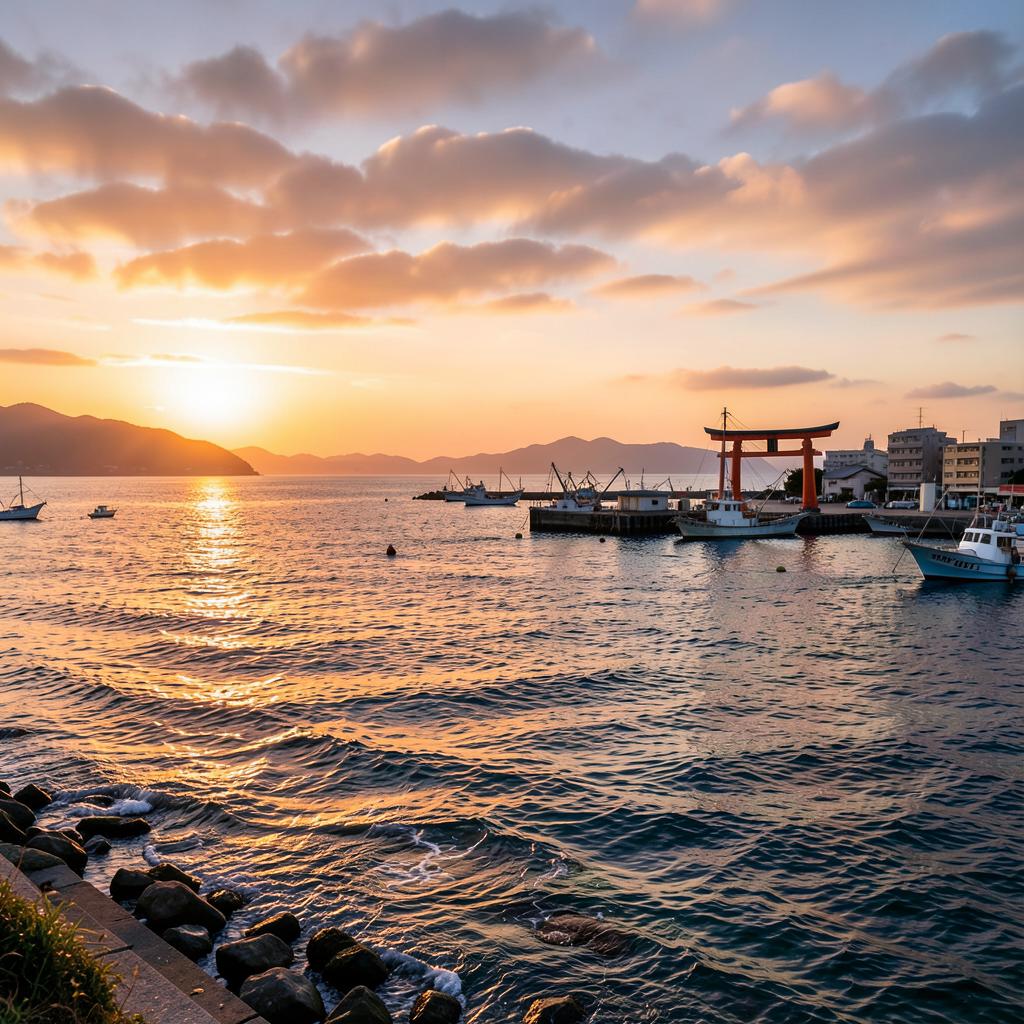 Île d'Enoshima au coucher du soleil, torii, bateaux de pêche et océan Pacifique