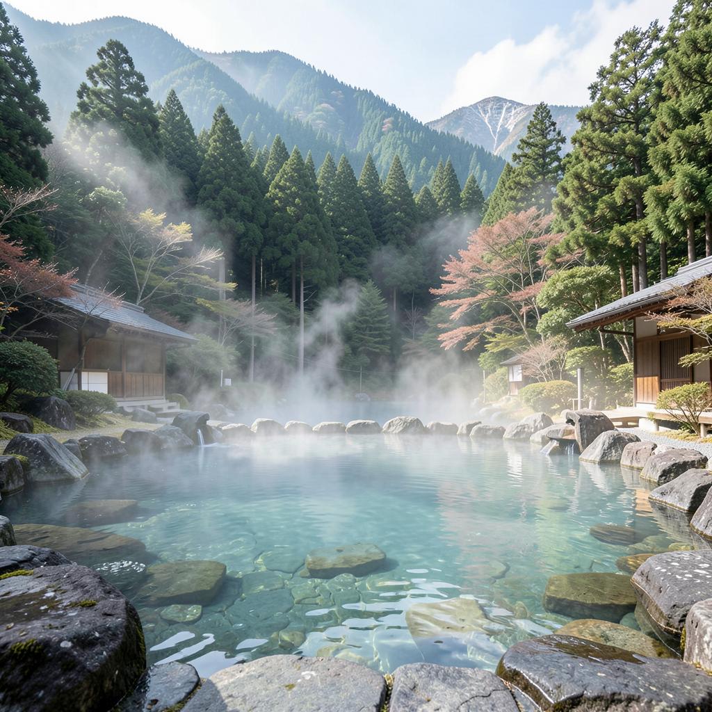 Bain thermal en plein air entouré de forêts de cèdres à Hakone au Japon
