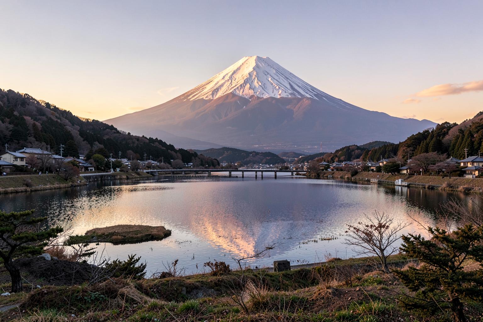 Mont Fuji au lever du soleil vu depuis un lac de la campagne japonaise