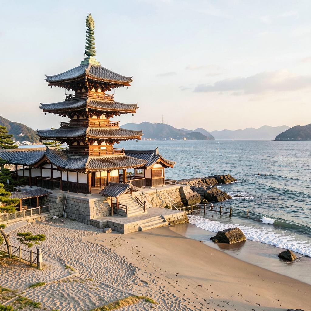 Temple ancien en bord de mer à Kamakura au Japon, plage et collines