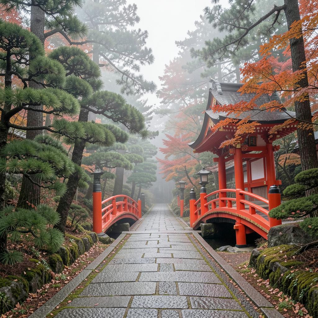 Pont de laque rouge et allée de cèdres dans la brume à Nikkō au Japon