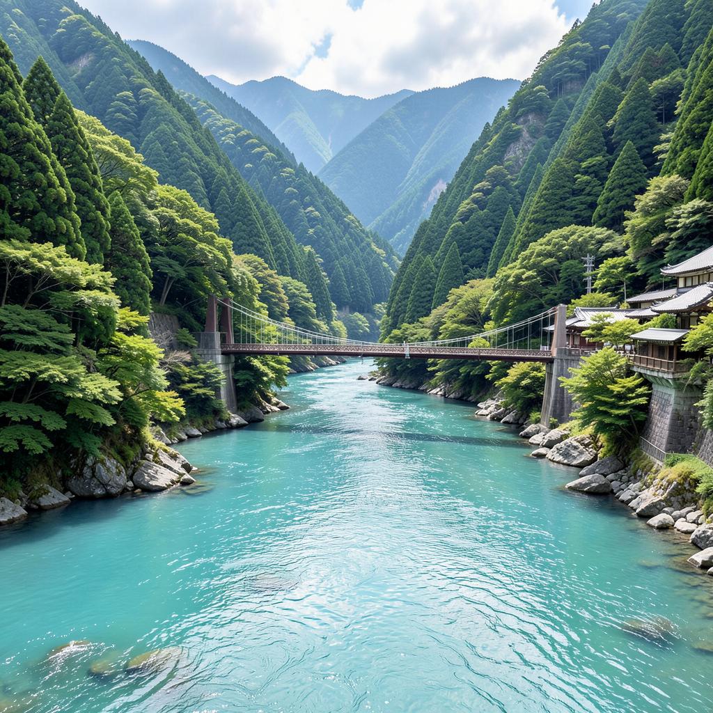 Rivière turquoise et pont suspendu dans les gorges d'Okutama au Japon