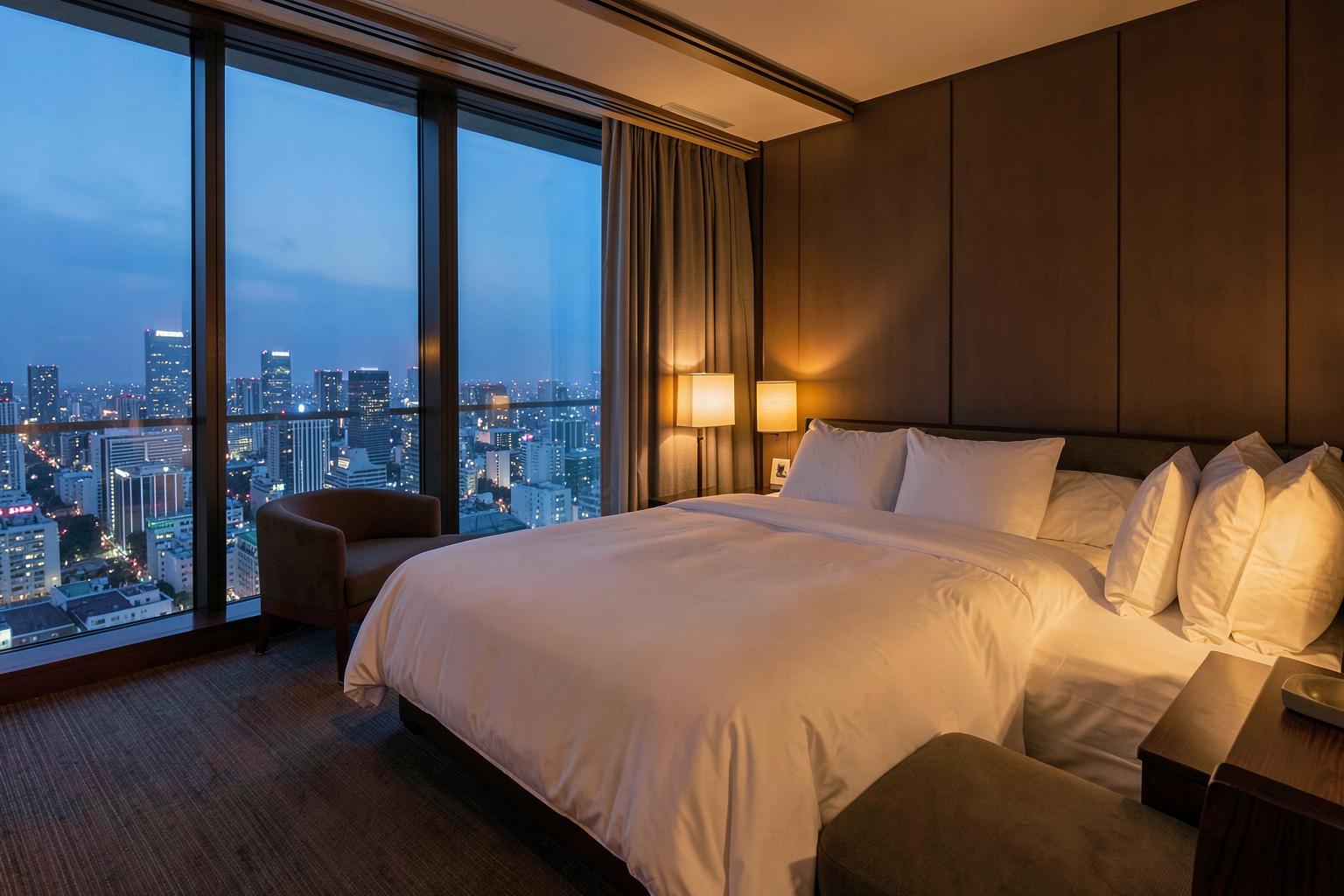 Suite d'hôtel tokyoïte ouvrant sur la skyline au crépuscule