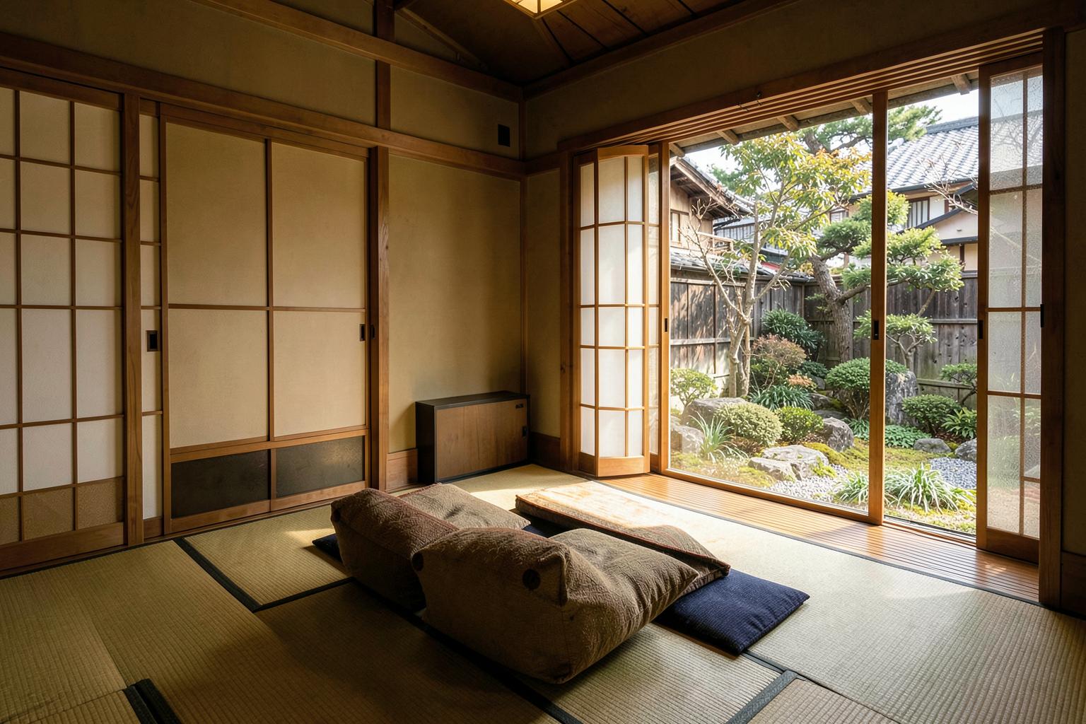 Chambre de maison japonaise traditionnelle ouverte sur un jardin à Tokyo