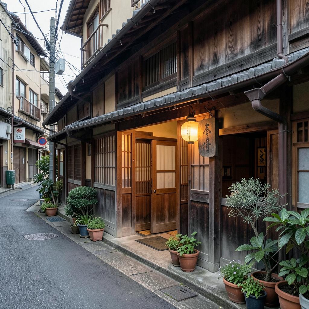 Entrée du ryokan familial Sawanoya dans le quartier de Yanaka à Tokyo