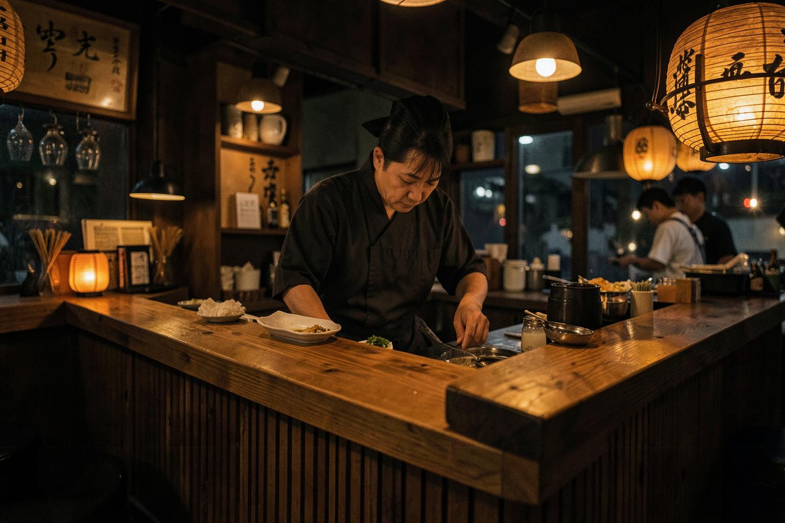Chef tokyoïte derrière un comptoir de bois éclairé à la lanterne