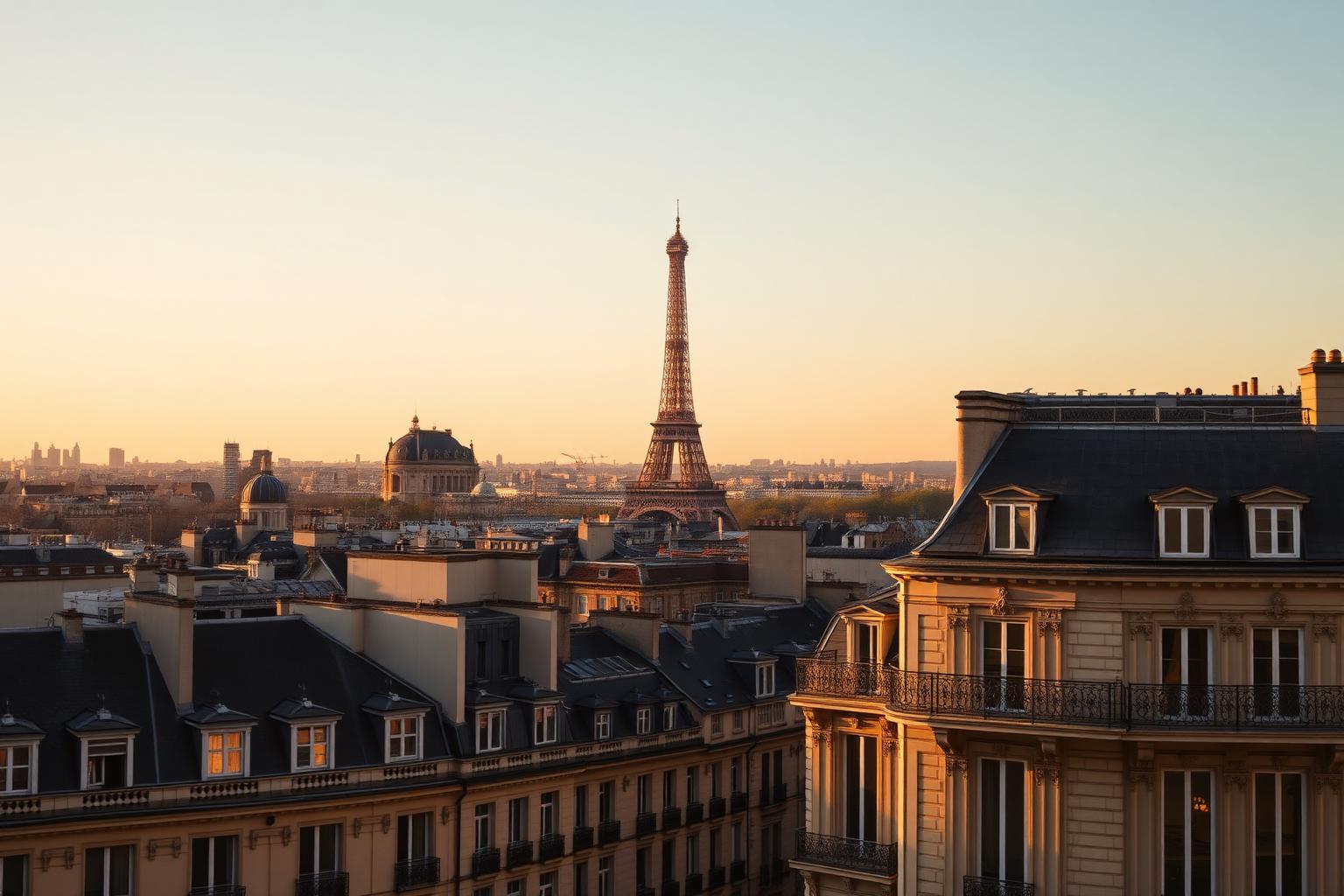 Paris au crépuscule, palaces et toits haussmanniens avec la Tour Eiffel au loin